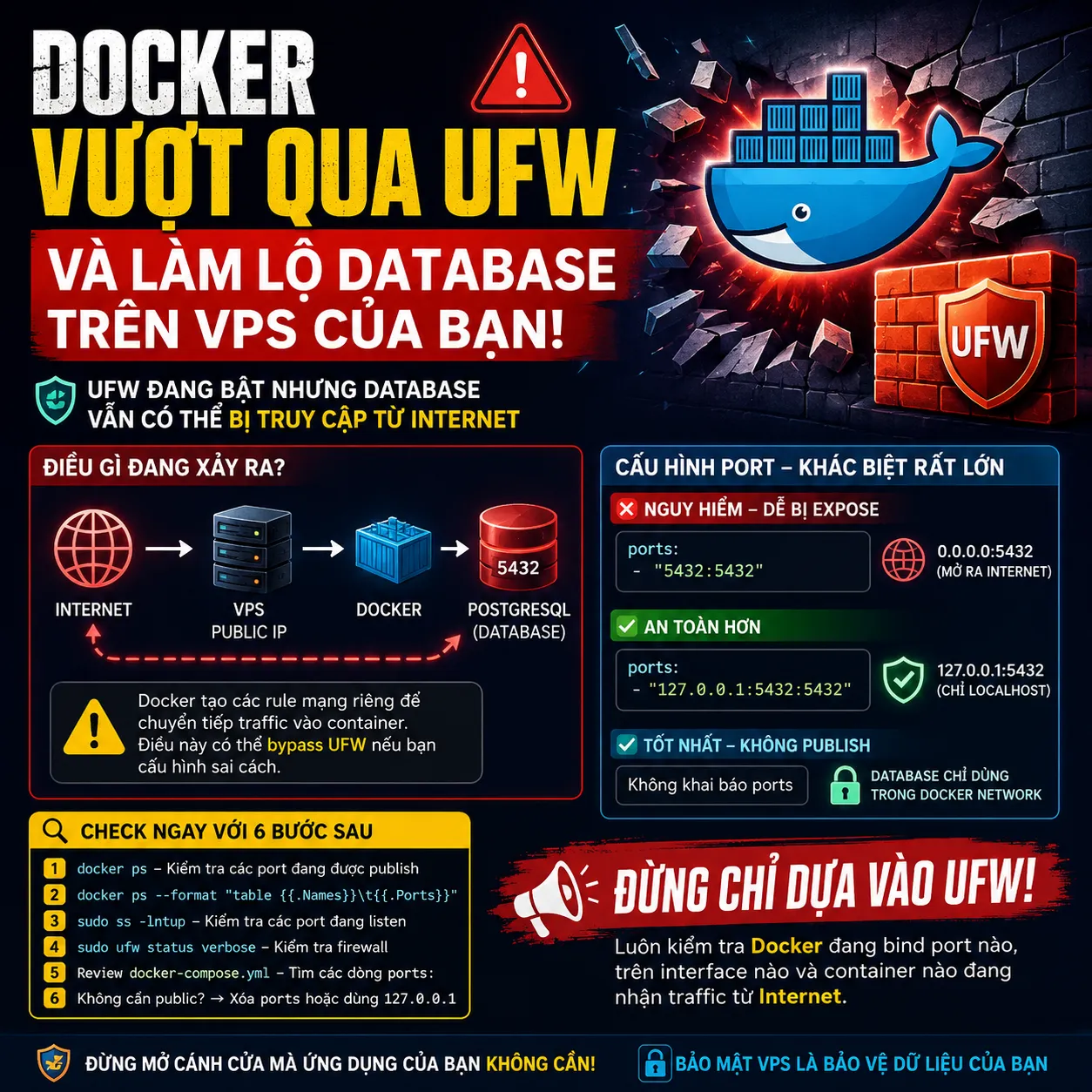 Docker đã tự vượt qua UFW và làm lộ Database của bạn ra Internet